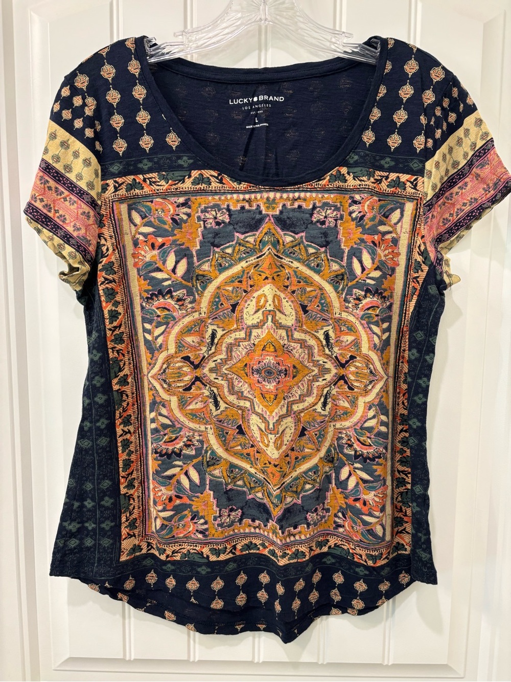 Lucky Brand Women’s Navy Persian Carpet Boho Print Graphic T-Shirt Size L